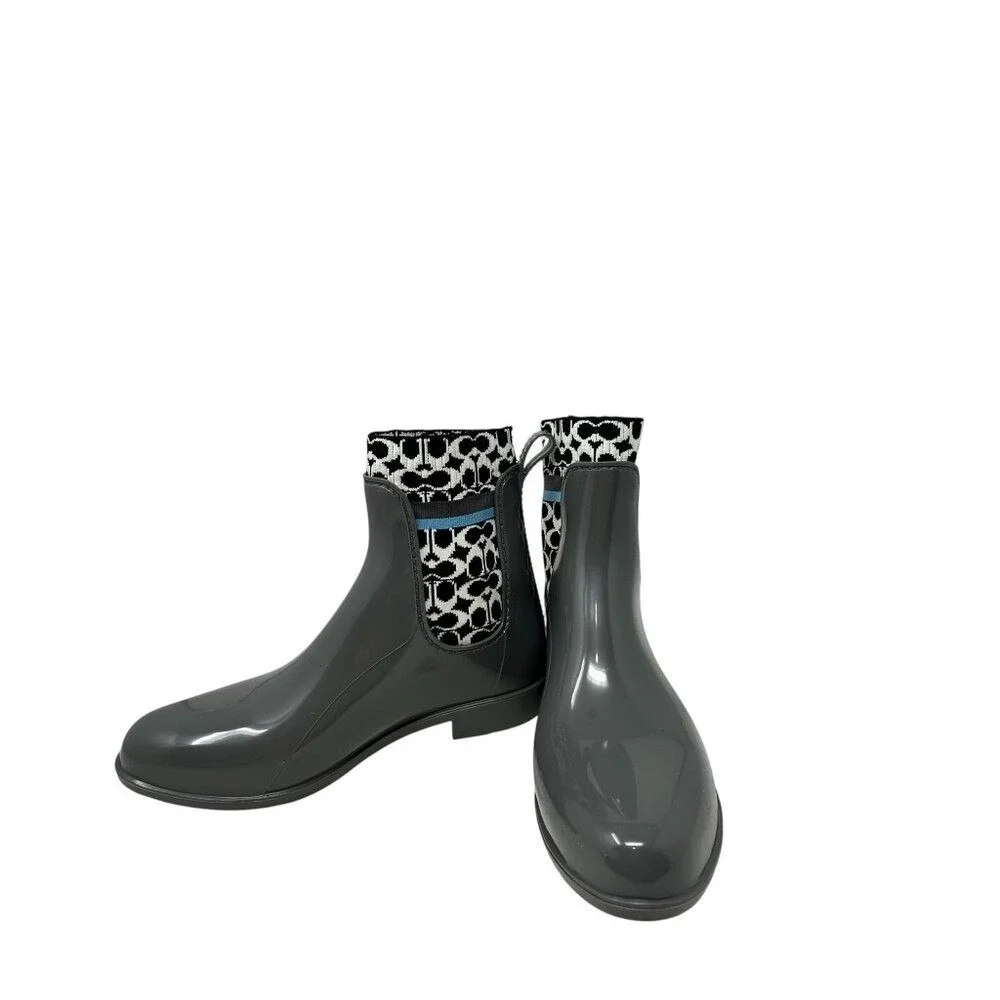 Coach Rivington Rainboots - Gray Rubber‎ w/ Blk and white logo sock - Size 7
